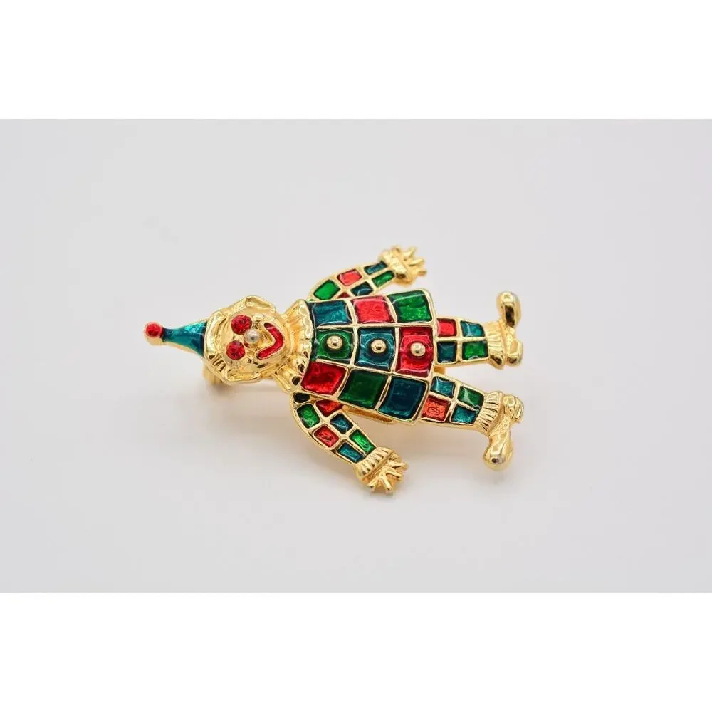 Vintage Clown Pin Brooch Red Green Enamel Dangle Arms Legs Gold Tone 1990s BinAT